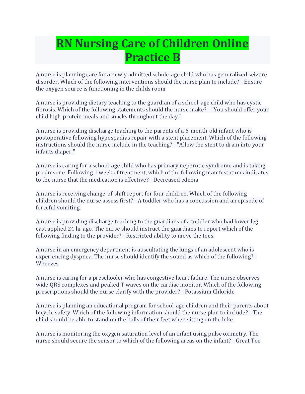 Preview image for RN Nursing Care of Children Online Practice B Questions And Answers/ Download